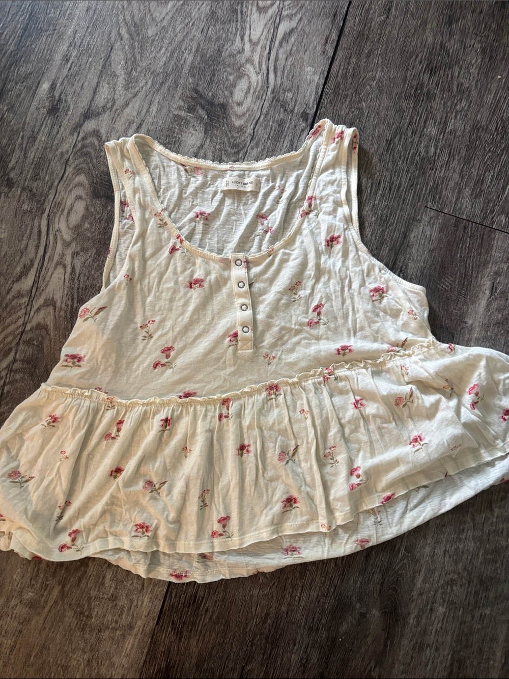 Cream Floral Ruffle Tank Top with Pink Blossoms Lucky Brand